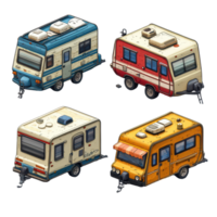 Colorful vintage camper trailers parked together in a sunny outdoor setting showcasing different designs and colors isolated on transparent background png
