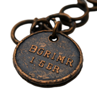 Vintage bronze identification tag showing worn inscription and linked chain detail isolated on transparent background png