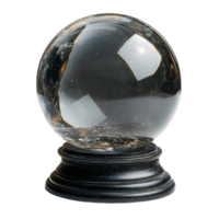 Crystal ball resting on a black wooden base, reflecting light in a dimly lit room with a mysterious atmosphere isolated on transparent background png