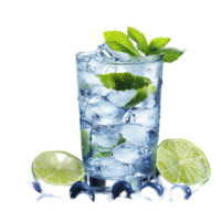Refreshing drink with lime slices and mint leaves served in a clear glass filled with ice cubes isolated on transparent background png