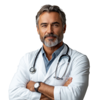 Experienced doctor with a stethoscope poses confidently in a medical setting isolated on transparent background png