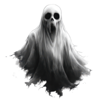 Mysterious ghost figure emerging from darkness with haunting presence and eerie expression isolated on transparent background png