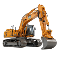 Large excavator with extended boom ready for construction work at a building site during bright daylight isolated on transparent background png