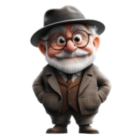 Charming animated character wearing a hat and glasses stands with a smile in a stylish outfit isolated on transparent background png