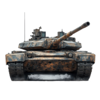 Rusty battle tank stands on display after years of service in military exercises and conflicts in a deserted area isolated on transparent background png