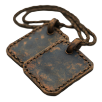 Unique handcrafted leather tags with rustic finish on braided cord for personalizing items isolated on transparent background png