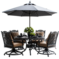 Elegant outdoor dining set with umbrella and floral centerpiece in a sunny garden isolated on transparent background png