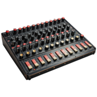Synthesizer equipment with numerous knobs and switches for sound design in a music production studio setting isolated on transparent background png