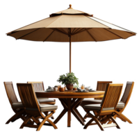 Outdoor dining set with a large umbrella in a sunny garden setting isolated on transparent background png