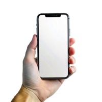 A hand holding a smartphone with a blank white screen showcasing mobile technology and app interface design png