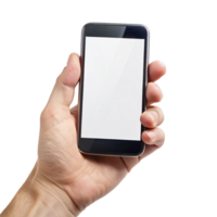A hand holding a smartphone with a blank white screen mockup for app presentation and mobile technology png