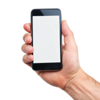 A hand holding a smartphone with a blank white screen, showcasing mobile technology and app display potential png