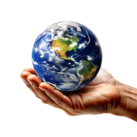 A hand gently cradles the entire world showing global unity and environmental responsibility png