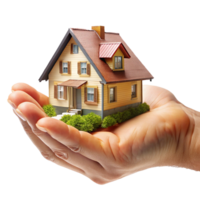 A Cozy House Model Gently Held in an Open Palm Offering a Sense of Security and Homeownership png
