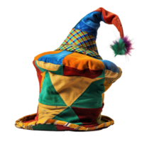 A Colorful Patchwork Clown Hat with a Tall Pointy Crown and a Fluffy Pom Pom png
