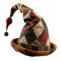 A whimsical handcrafted patchwork jester hat with a long pointed crown and a wide brim png