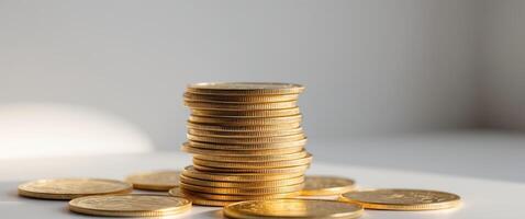 A stack of gold coins is shown in a close up photo