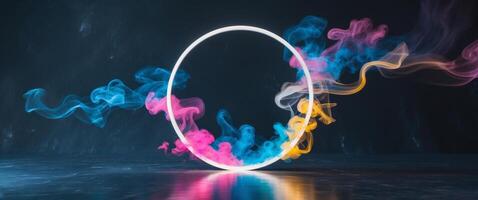 Abstract illuminated circle with colorful smoke in dark background. photo