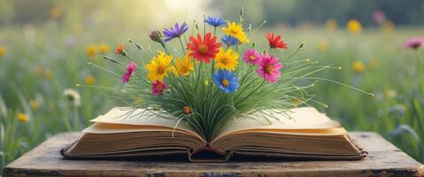 Blooming Ideas Vibrant Flowers Emerging from Open Notebook on School Desk in Lush Field. photo