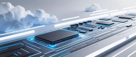 Circuit board with glowing light and cloud computing concept. photo