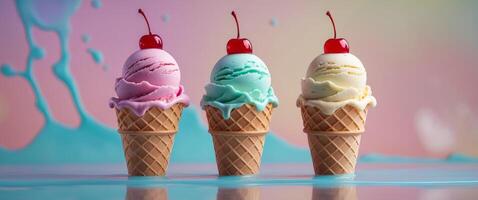 Colorful scoops of ice cream in waffle cones with a melting background. photo