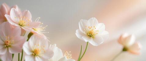 Delicate pink and white flowers with yellow centers arranged in a soft gradient background. photo