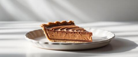 Delicious slice of chocolate peanut butter pie on plate photo