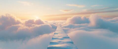 Explore the enchanting journey along a dreamlike pathway in the clouds during sunset photo