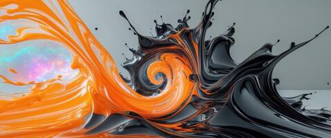 Dynamic orange and black liquid swirl with glowing highlights and fluid motion. photo