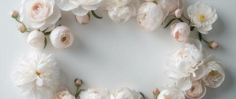 Floral frame with delicate roses and peonies surrounding a blank center photo