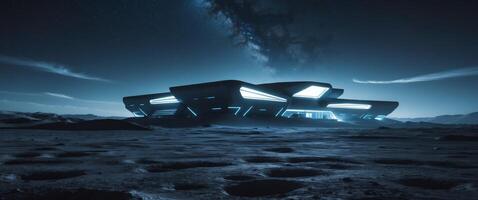 Lunar base with illuminated structures on a dark alien landscape. photo
