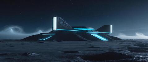 Lunar base with illuminated structures on a dark alien landscape photo