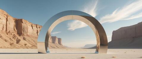 Reflective archway standing in the middle of a vast desert with towering cliffs in the background photo