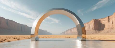 Reflective archway standing in the middle of a vast desert with towering cliffs in the background. photo