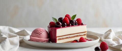 Sophisticated Gateau Marcel Slice with Marinated Berries and Raspberry Sorbet. photo