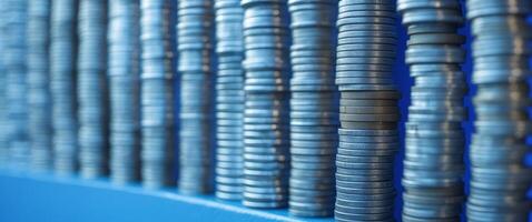 A number of stacks of coins are attached to the wall with a blue background. photo