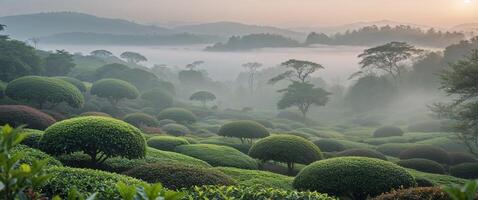 Serene tea garden landscape at sunrise with lush greenery and misty hills creating a tranquil and picturesque natural setting photo