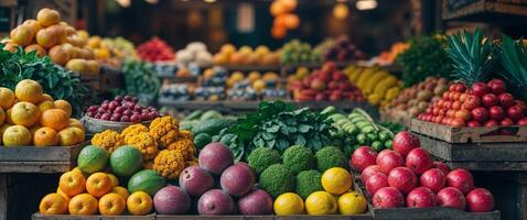 Fresh Fruits and Vegetables Displayed in Colorful Market Stall. photo