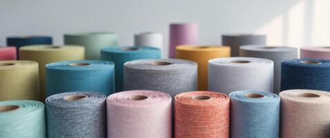 Close up of textured fabric rolls in various colors background. photo