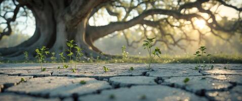 Hope and Resilience Through New Growth in Cracked Concrete Under Soft Sunlight Shadowing a Big Tree. photo