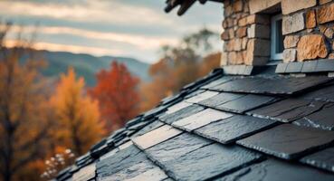 Slate rooftop near stone home in fall with blurred trees background photo