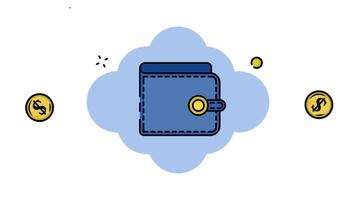wallet and paper money with gold coins line color animation 2D for investment concept , simple financial or banking symbol animated footage motion graphic illustration design video