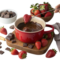 chocolate fondue pot with heart dippers on rustic table png