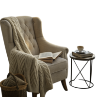 A chair with a blanket and a book on a table png