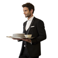 A man in a suit holding a tray with plates png