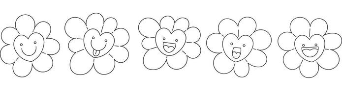 Set of hearts flowers characters in doodle groovy style vector
