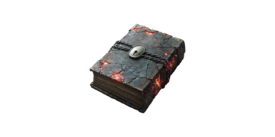 Ancient spellbook with chains and glowing embers isolated on transparent background png