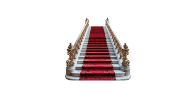 Ornate red carpet stairs with golden railings isolated on transparent background png