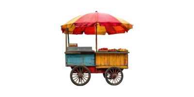 Vintage street food cart with colorful umbrella isolated on transparent background png