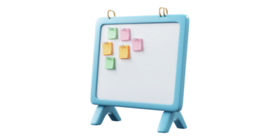 Blue easel-style whiteboard with colorful sticky notes isolated on transparent background png